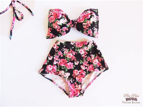 High Waisted Bikini Bow Set Vintage Pink Black Floral Roses