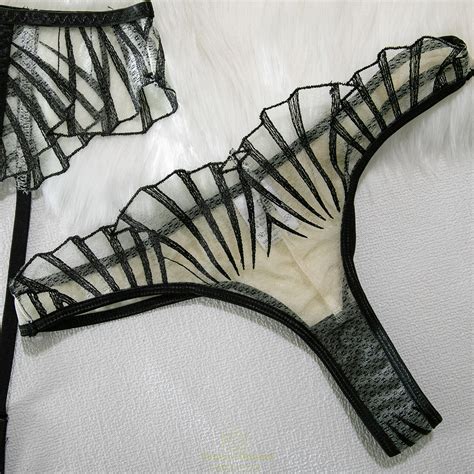 Ruffle Fancy Lingerie For Women Transparent Lace Embroidery Garter 3 Piece Underwear Sheer Bra