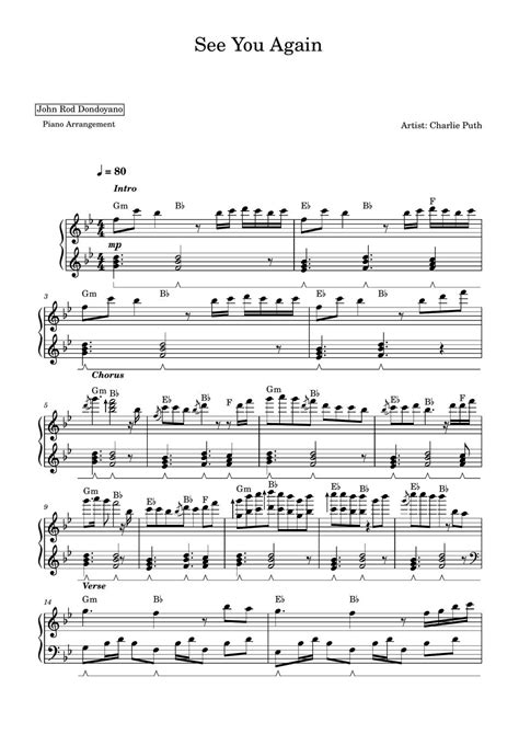 Charlie Puth Wiz Khalifa See You Again Piano Sheet Partitura By