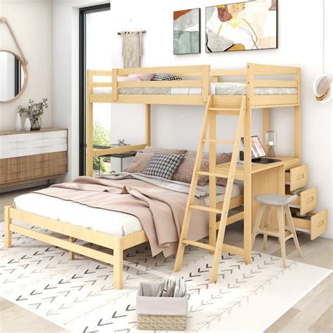 Qualler Natural Twin over Full Bunk Bed with Built-in Desk and 3 ...