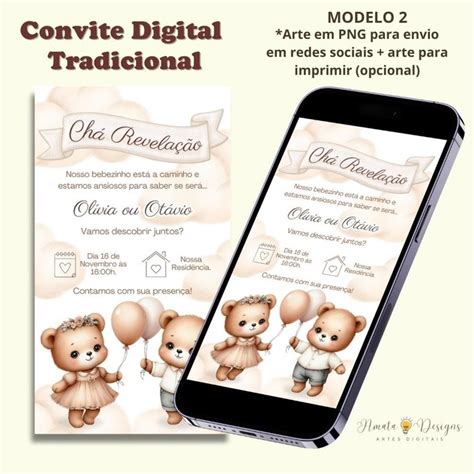 Convite Digital Ch Revela O Ursinhos Cores Nude Elo
