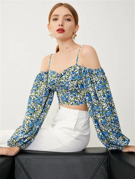 SHEIN Cold Shoulder Lantern Sleeve Allover Floral Print Top Twin