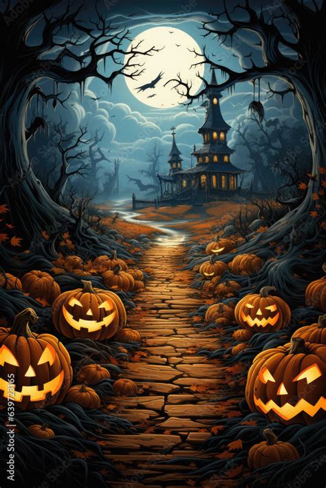 Happy Halloween spooky scary moon night scene horror landscape ...