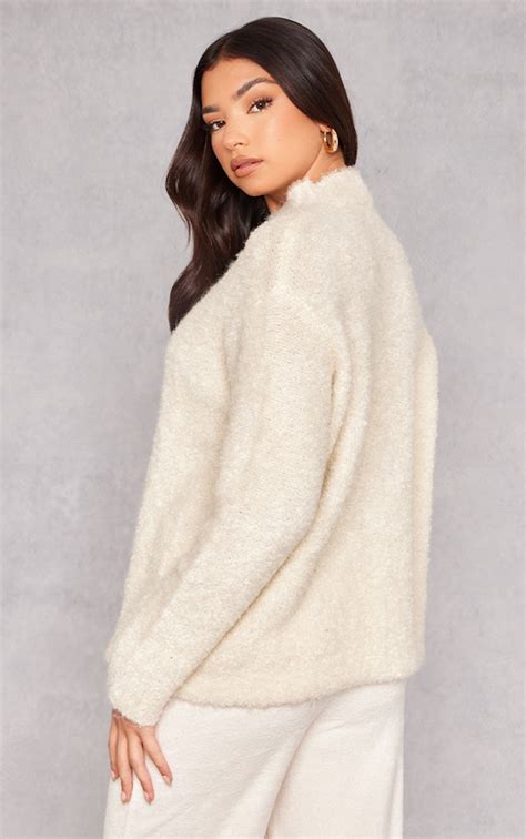 Cream Bobble Knit Oversized Jumper Knitwear Prettylittlething