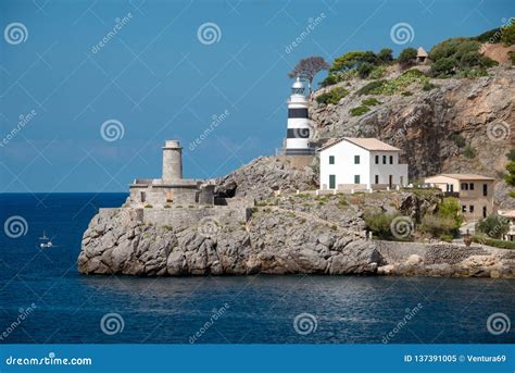 Lighthouse at Soller Bay, Port De Soller, Mallorca, Spain Stock Image ...