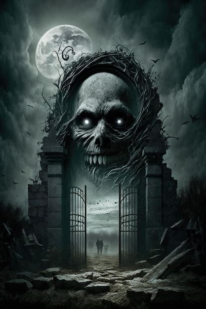 Premium Photo | Cemetery gate with ghost and moon in the background spooky background