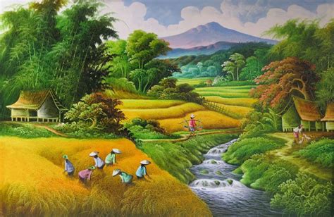 ladies working  rice fields beautiful landscape paintings