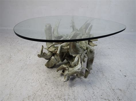 Mid-Century Modern Driftwood Coffee Table with Glass Top at 1stDibs
