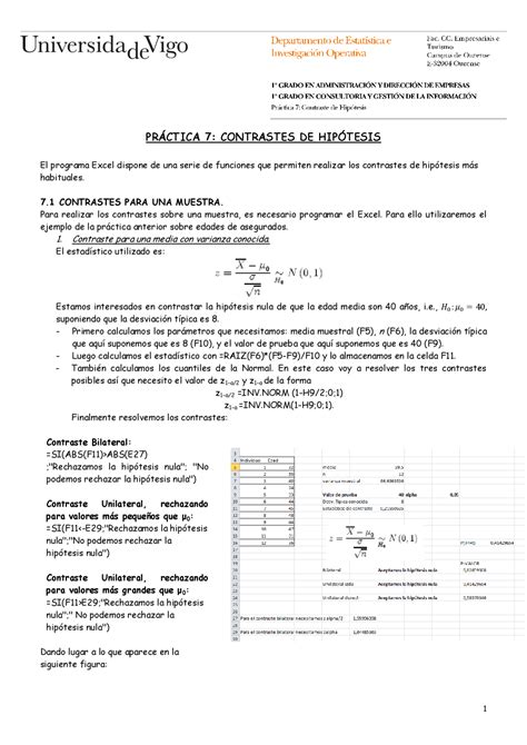 PrÁctica 7 Contrastes De HipÓtesis El Programa Excel Dis Apuntes De