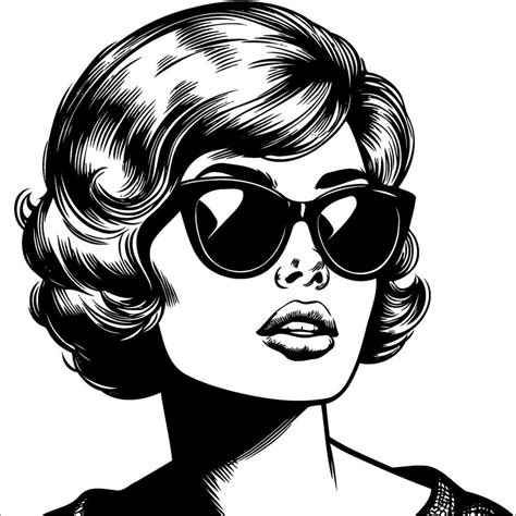 Retro Vintage Woman Wearing Sunglasses Mouth Slightly Open Close Up Face Simple Line Art Comic