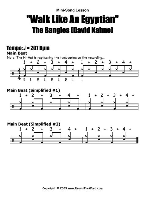 Drum Sheet Music Teaching The Main Beat From Walk Like An Egyptian By The Bangles Get The