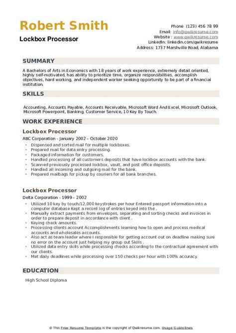 Lockbox Processor Resume Samples Qwikresume