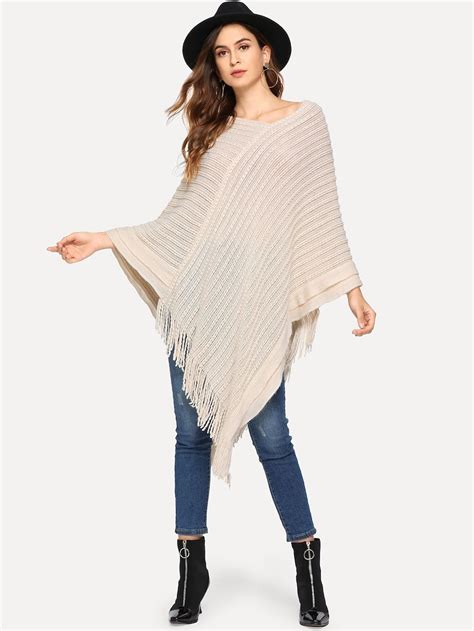 Shein Fringe Trim Asymmetric Hem Poncho Poncho Sweaters Types Of