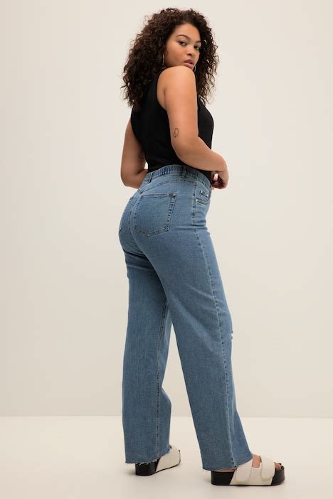 Jean Taille Haute Jambes Larges Poches Bord Coup Jeans Pantalons