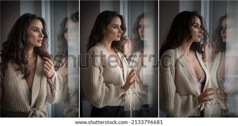 Attractive Sexy Brunette White Bra Brown Stock Photo