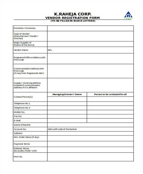 Free Vendor Registration Forms In Pdf Excel Ms Word