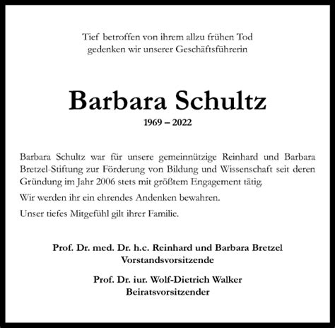 Traueranzeigen Von Barbara Schultz Vrm Trauer De