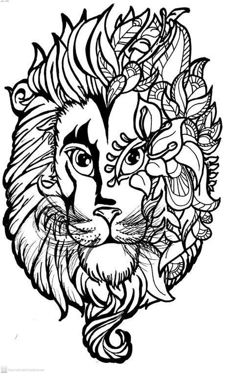 A Lion Head With Flowers On It S Face Drawn In Black And White