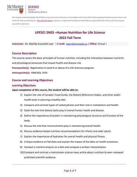 Lifesci 2N03 Course Outline We Recognize And Acknowledge That