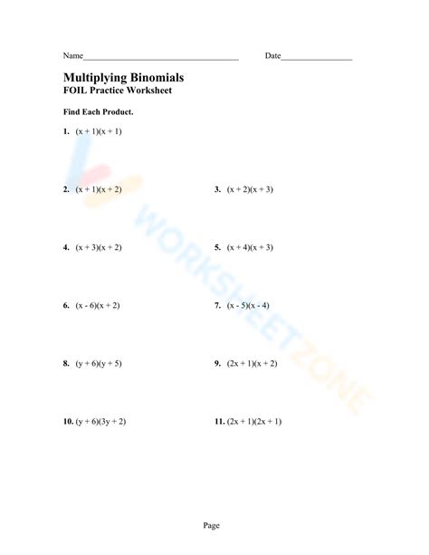 Multiplying Binomials Practice Worksheet