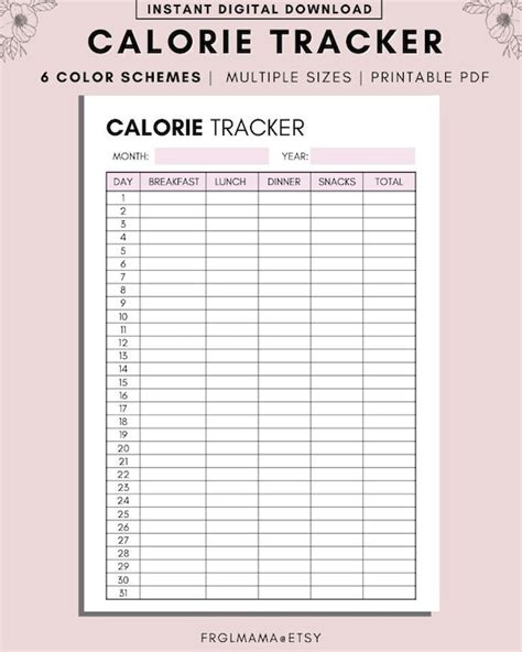 Calorie Tracker Monthly Calorie Tracker Printable Low Etsy