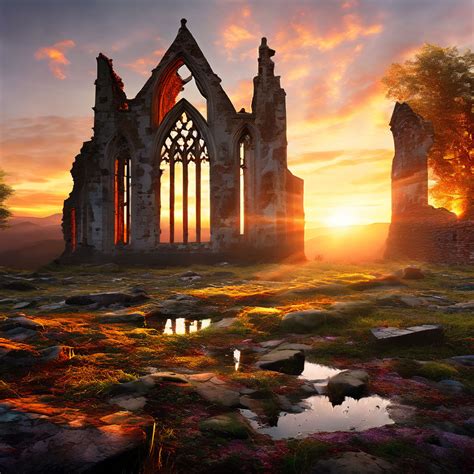 Sunrise embracing ancient ruins of a church by Niamh Earle - Playground