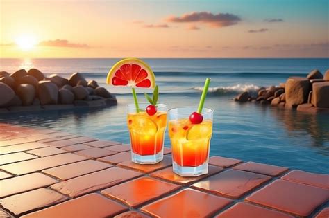 3d Tequila Sunrise Ad Template Cocktail Glass On Brick Tile Floor With