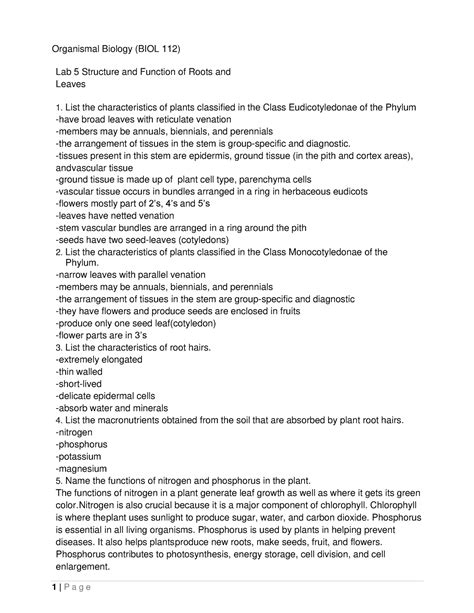 Lab 5 Structure And Function Of Roots And Leaves Organismal Biology