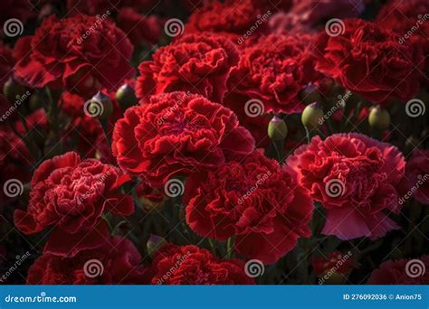 Closeup Of Red Carnations In The Garden Generative Ai Stock