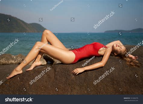 Beautiful Woman Red Bikini Lying Sunbathing Stock Photo Edit Now