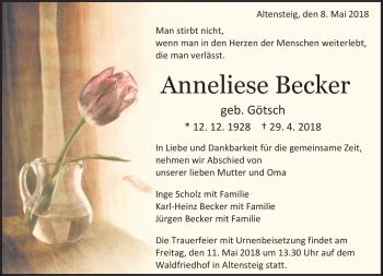 Traueranzeigen Von Anneliese Becker Schwarzw Lder Bote Trauer