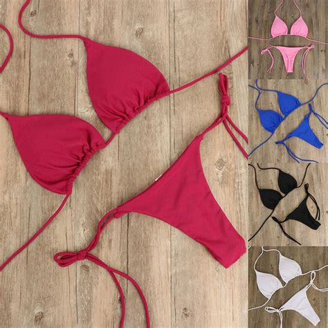 Ready 2 PcsSet Bikini Set Solid Color Halter Neck Strap Thong Women Swimsuit Set For Beach