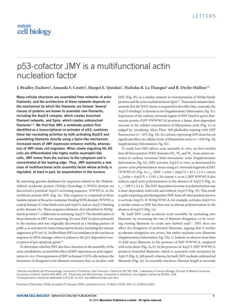 PDF P53 Cofactor JMY Is A Multifunctional Actin Nucleation Factor