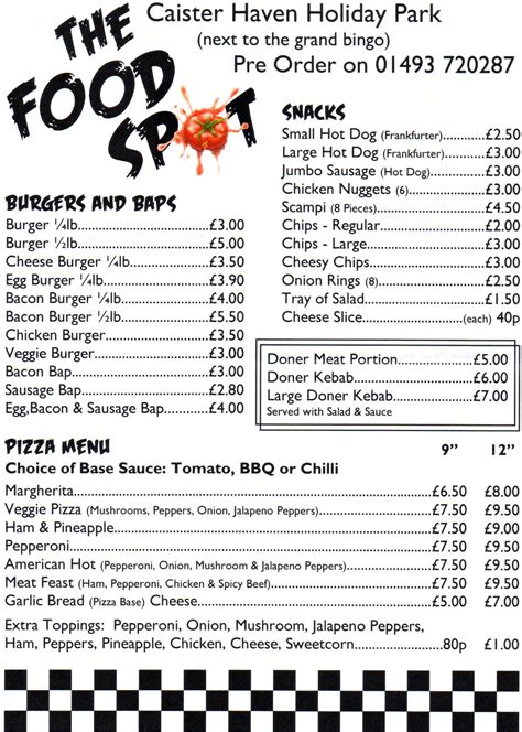 The Food Spot Menu At Caister On Sea Holiday Park