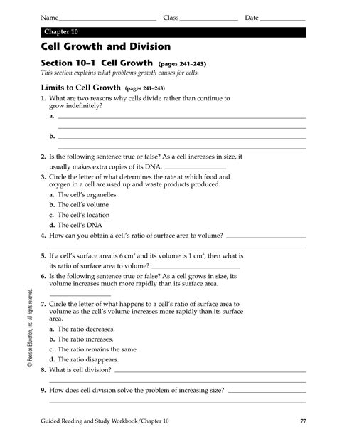 Chapter 10 Cell Growth And Division Test B Answer Key