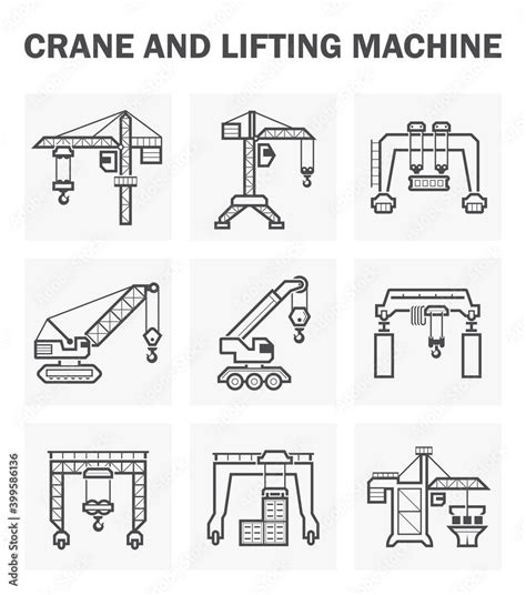 Crane vector icon and lifting equipment i.e. tower, gantry, crawler ...