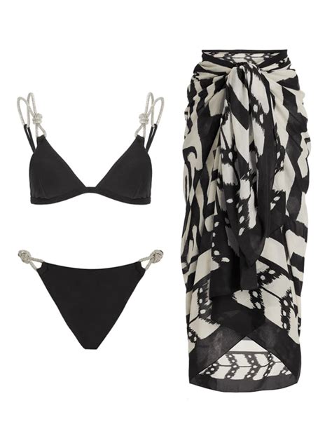 Black Sexy Lace Up Knot Design Solid Color Swimsuit Split Bikini Features And Printed Cover Up