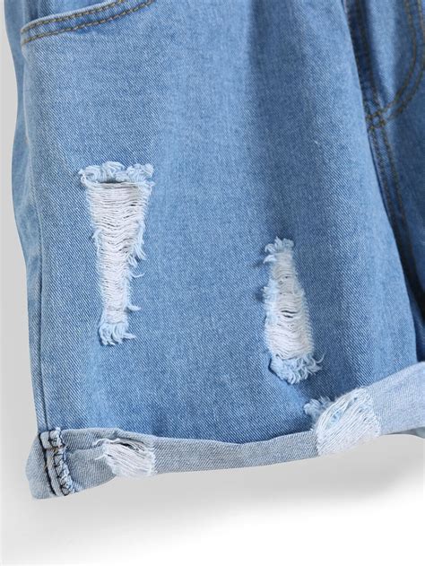 Elastic Waist Ripped Flange Blue Shorts Shein Sheinside