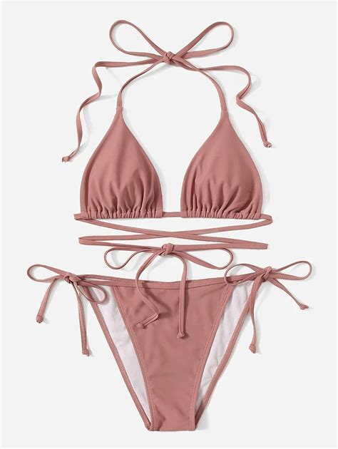 Summer Beach Mono Bikini Set Halter Wireless Triangle Bra And Tie Side