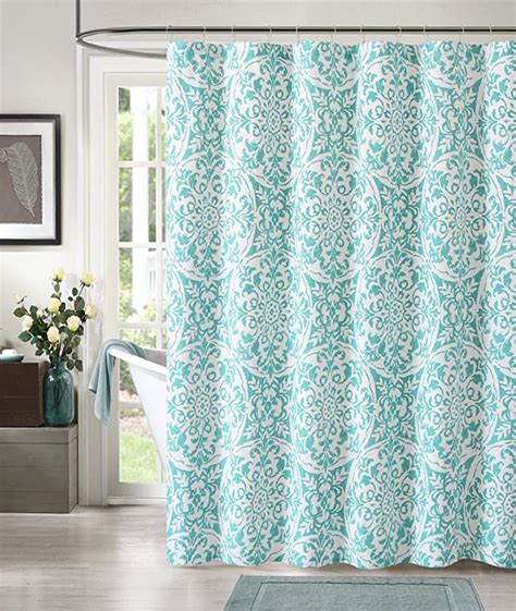 100 Cotton Teal And White Fabric Shower Curtain Medallion Design 72