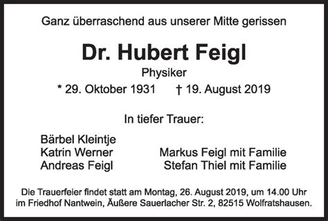 Traueranzeigen Von Hubert Feigl Trauer Merkur De