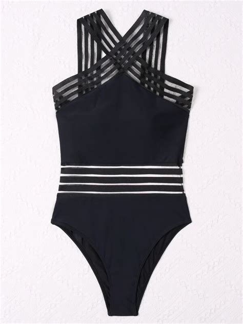 Shein Swim Chicsea Contrast Mesh Crisscross One Piece Swimsuit Shein Usa