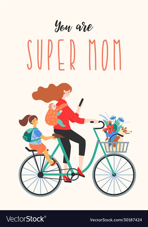 Happy Mothers Day Super Mom On A Bicycle Vector Image