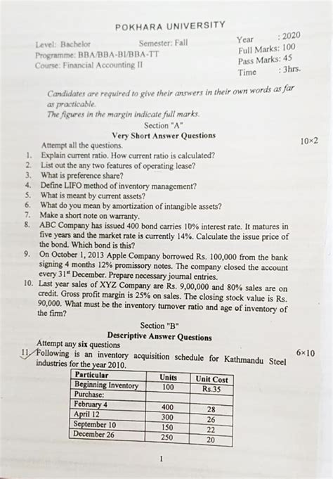 Financial Accounting Bbabba Bibba Tt 2nd Sem Question Paper 2020