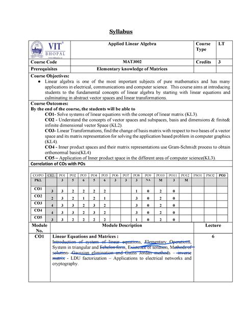 MAT3002 Applied Linear Algebra LT 1 0 1 Applied Linear Algebra