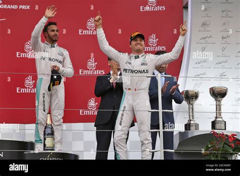 Celebrates On Podium Third Placed Team Mate Lewis Hamilton Hi Res Stock