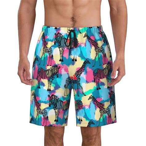 Zebra Giraffe Pattern Mens Quick Dry Short Swim Trunks With Mesh Lining