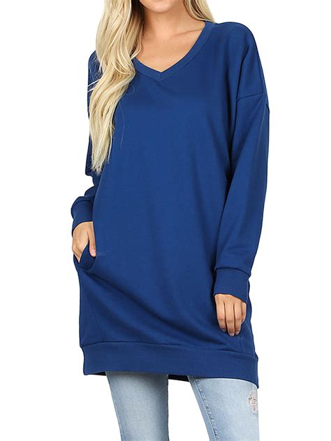 Women Oversized Loose Fit V Neck Tunic Length Sweatshirts Top V Neck Sapphire