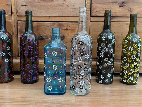 Botellas De Vino Pintadas A Mano Con Flores Multicolores Etsy M Xico