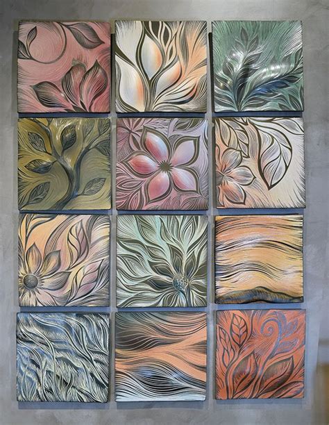 A Bouquet Of Botanical Handmade Hand Carved Ceramic Porcelain Tiles